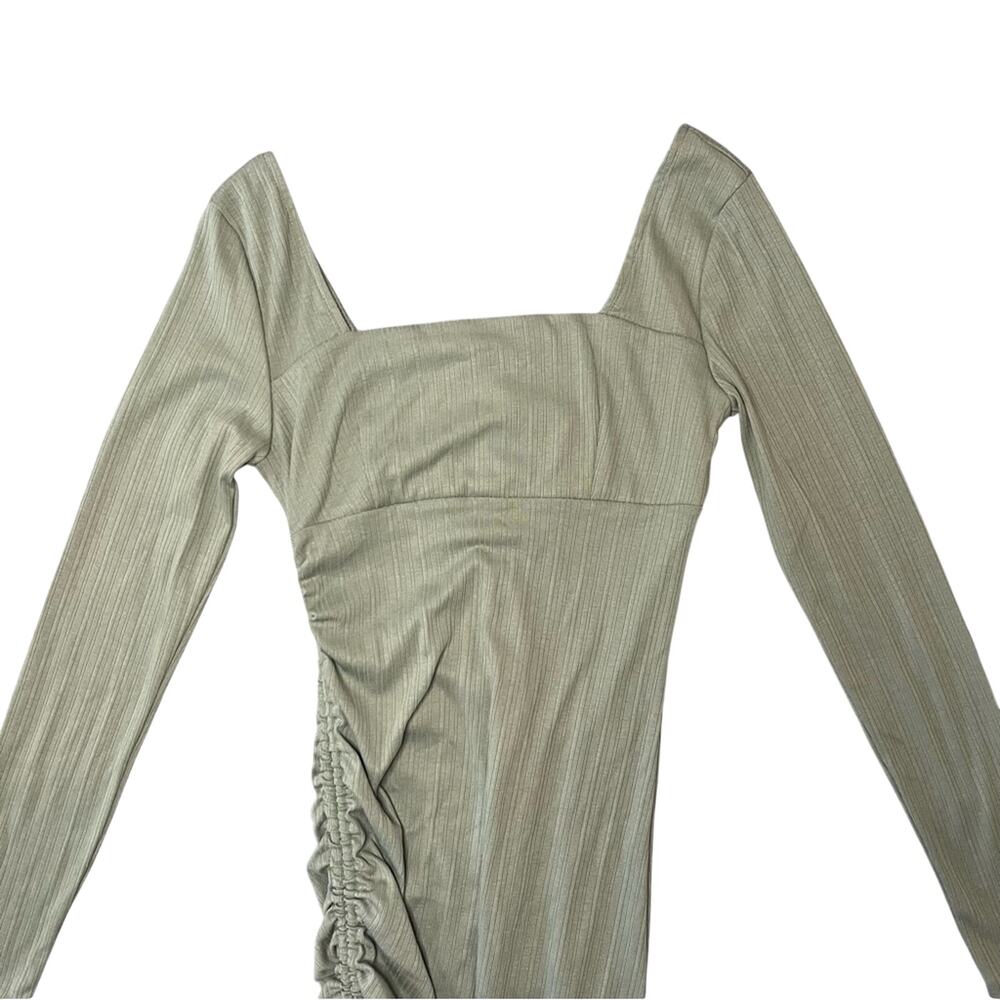 Forever 21 Sage Green Ruched Side Tie Mini Dress Long Sleeve Sz Small Minimalist - Picture 5 of 12